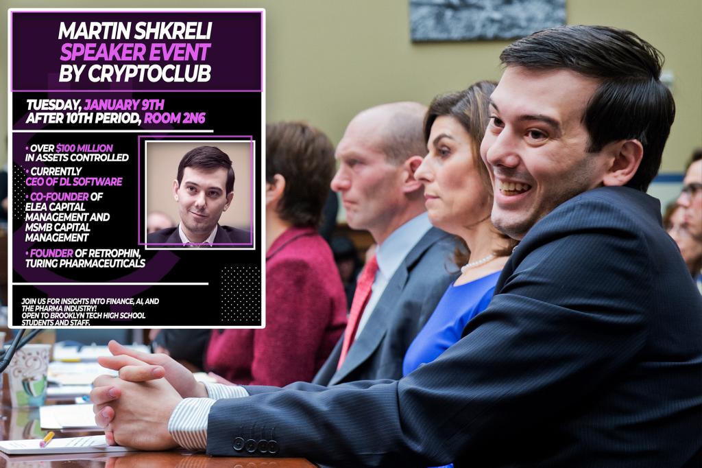 Martin Shkreli pictured alongside the Brooklyn Tech Crypto Club speaker flyer
